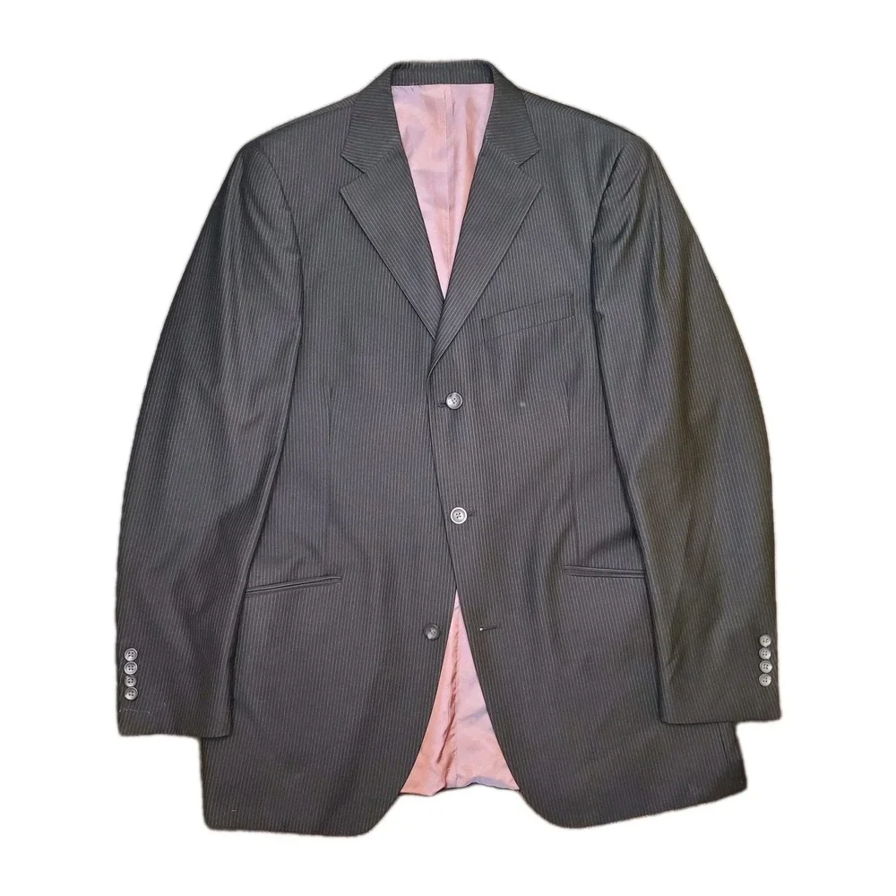 Billy London Mens Sport Coat 40L Black Pinstripe Poly Blend Blazer Jacket 2 Vent